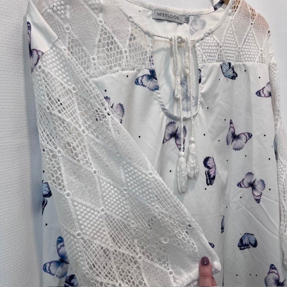 MISSLOOK Butterfly Crochet Lace Blouse Womens Size XL White Cotton Blend